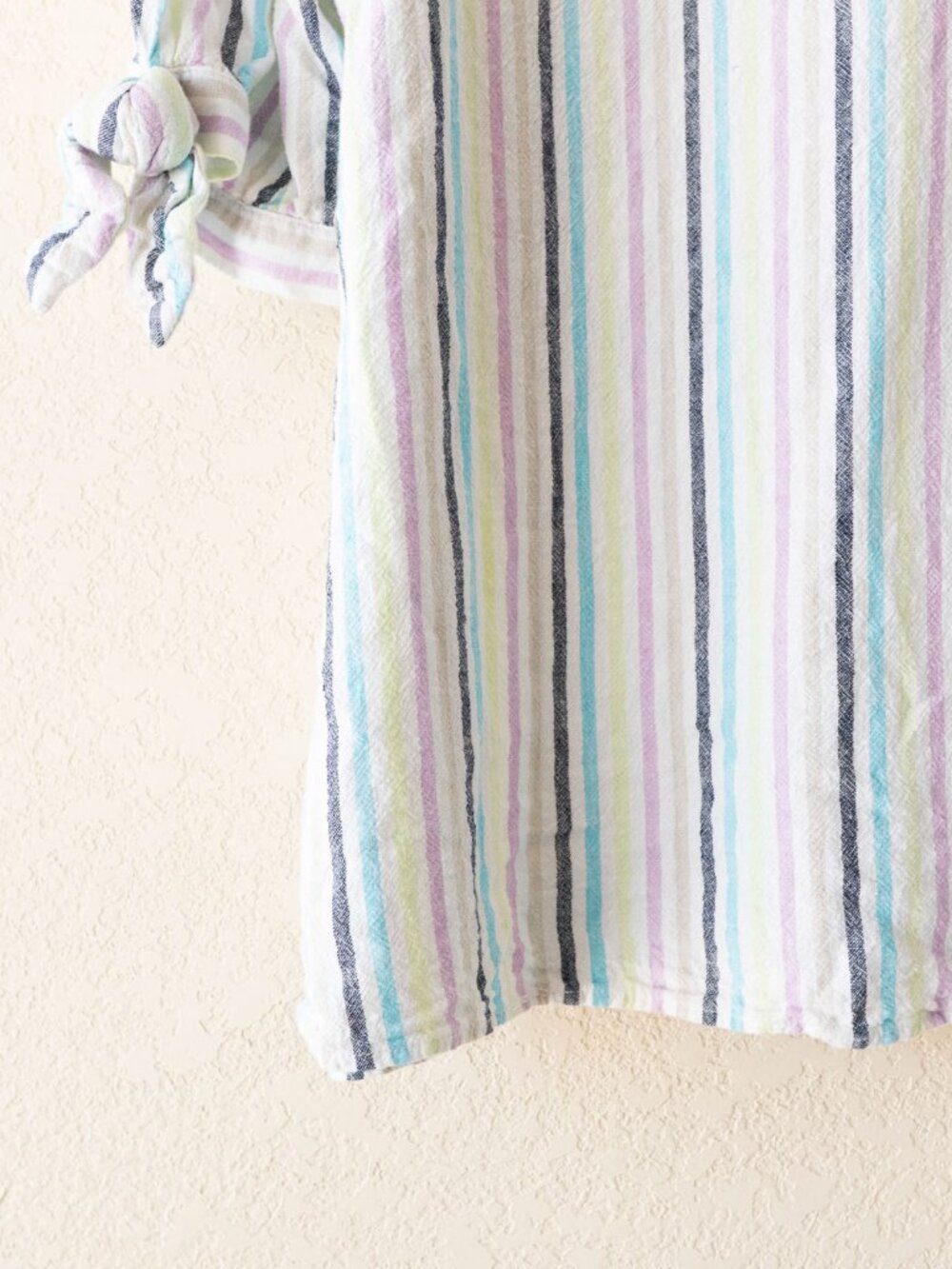 Kim Rogers Linen Blend Top XL Pastel Stripe Tie Sleeve Popover Blouse Coastal - Picture 13 of 14